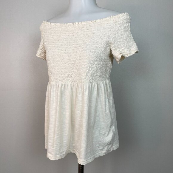 Old Navy Top Small Ivory Smocked Off-the-Shoulder Short Sleeve Blouse Cotton - Picture 3 of 11